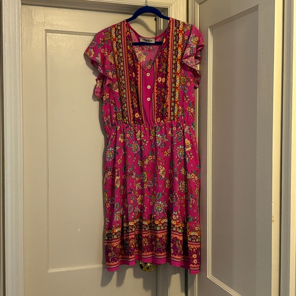 Floral Pink Dress with Ruffle Sleeves